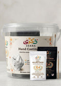 Zekra hand casting products including a large container, powder, and mold on a light background