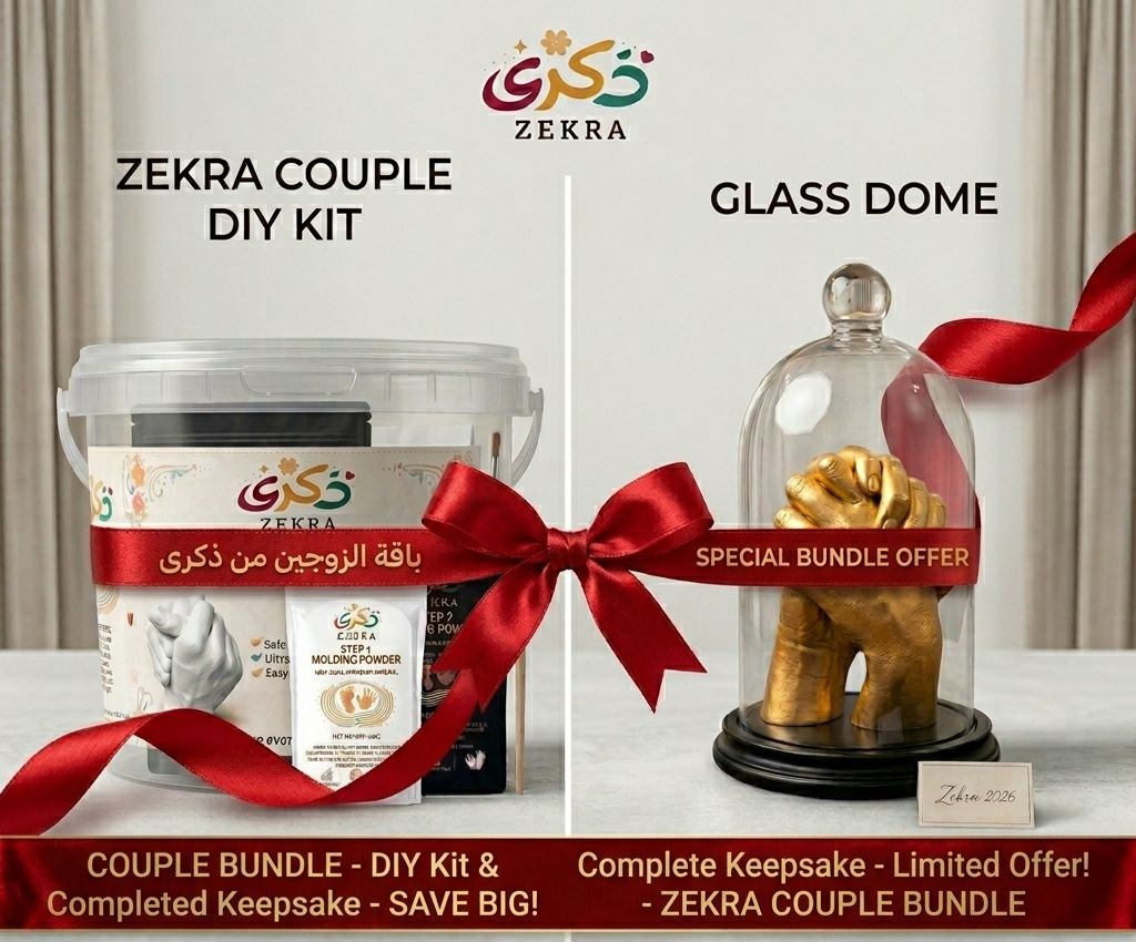 Zekra couple DIY kit with a glass dome and red ribbon on a neutral Zekra hand casting products including a large container, powder, and mold on a light background طقم صب الايد للكابلز في مصر /hand casting kit in egypt now background