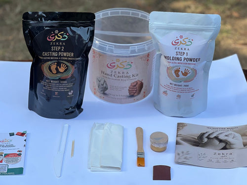 hand casting kit ( step 1 powder - step 2 powder - paint brush -color -plastic knife -sand paper -tooth picks - table cover -instruction manual )